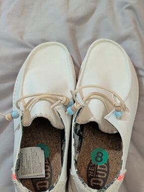 Hey Dude Beige Linen Slip-Ons with Coral Speckled Soles